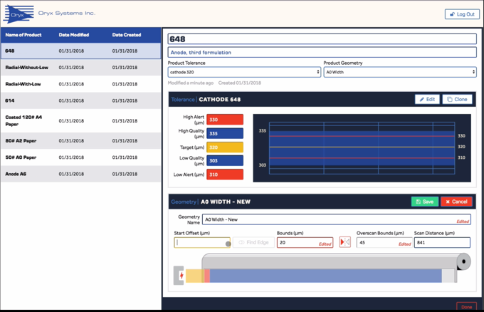 Oryx Thickness Measurement HMI Product Recipe Config Screen